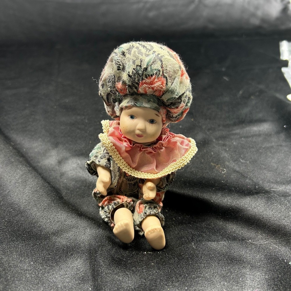 Vintage Miniature Porcelain Doll Floral Tapestry Outfit Pink Ruffle Collar 5.5"